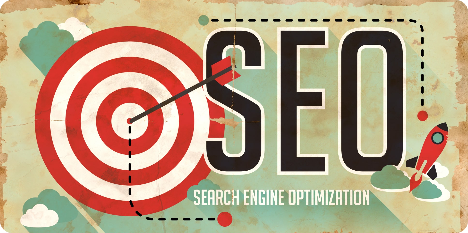 Векторная иллюстрация с надписью SEO (Search Engine Optimization) и целью. Иллюстрация символизирует важность оптимизации сайта для достижения целей в поисковых системах